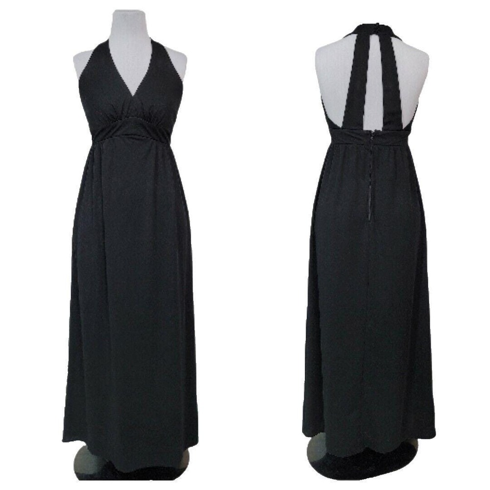 Vintage‎ 70s Black Halter Maxi Dress VNeck Empire Waist Open Back Size L Disco